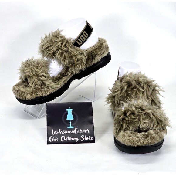 UGG Women's Olive Fluff Sugar Faux Fur & Elastic Strap Slide Sandals Sz 10 US 04 - Picture 1 of 16